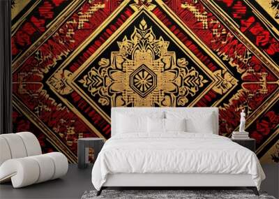 Black background with red and gold diamond pattern with an ornate center. Wall mural