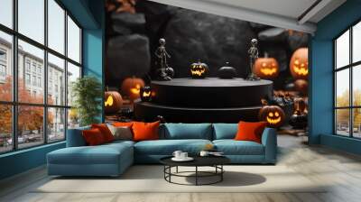 Black podium with two skeletons, jack-o-lanterns, and fall leaves. Wall mural