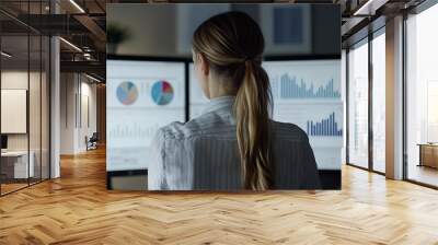 Businesswoman analyzing financial data on two computer monitors. Wall mural