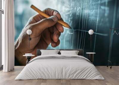 Close-up of a hand holding a wooden pencil, drawing white lines on a black board. Wall mural