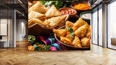 Close up of a plate of samosas with a bowl of chopped cilantro, and another plate of samosas in the background. Wall mural