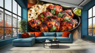 Close-up of grilled chicken with naan bread and cilantro, arranged in a cast iron skillet. Wall mural