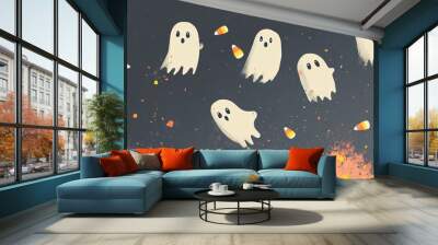 Five white ghosts on a black background with orange and yellow candy corn scattered around. Wall mural