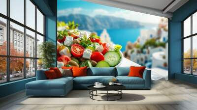 Fresh Greek salad with feta cheese, tomatoes, cucumbers, and olives in a white bowl on a marble surface with a view of the Mediterranean Sea and white buildings. Wall mural