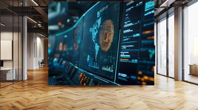 Futuristic control room with digital displays showing data and a world map. Wall mural