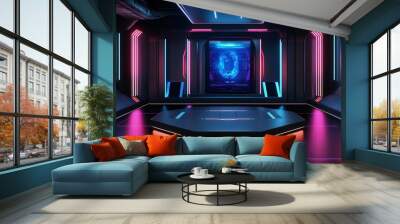 Futuristic interior with glowing neon lights and a digital screen with number zero. Wall mural