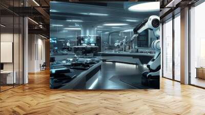 Futuristic laboratory interior with a robotic arm and two humanoid robots. Wall mural