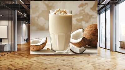 Glass of creamy coconut smoothie with coconut pieces on top, next to a coconut shell and coconut flakes on a light gray background. Wall mural