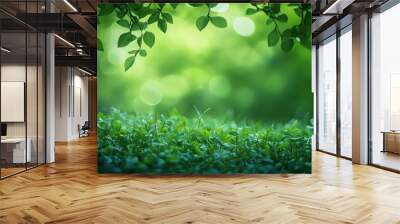 Green leaves in a forest with a soft blur background. Wall mural