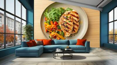 Grilled chicken breast with roasted vegetables and arugula on a plate. Wall mural