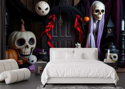 Halloween still life with pumpkins, skulls, candles, and a spooky door. Wall mural