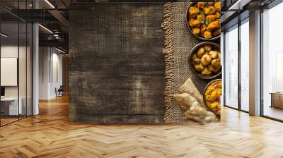 Indian food on burlap and wood with copy space. Wall mural