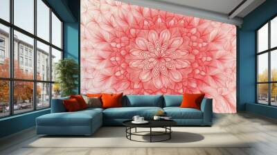 Intricate red and white floral pattern with radiating lines, creating a beautiful mandala-like design. Wall mural