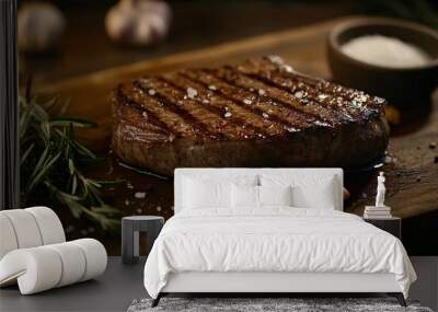 Juicy grilled steak with rosemary, garlic and salt on wooden board. Wall mural