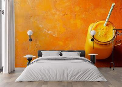 Orange smoothie in a glass jar with a striped straw on a orange background. Wall mural