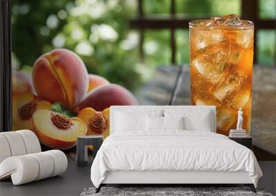 Refreshing iced tea and sliced peaches on a wooden table with a blurred green background. Wall mural