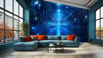 Server room with rows of servers and blue glowing lights, depicting digital data and information transfer. Wall mural