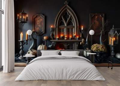 Still life with pumpkins and candles on a black background for Halloween. Wall mural