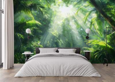 Sunlight breaks through the dense canopy of a lush green jungle, illuminating the rainforest floor with a soft glow. Wall mural