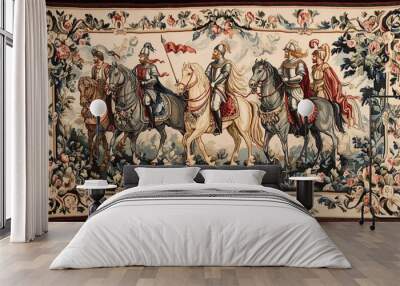 Tapestry depicting five medieval knights on horseback. Wall mural