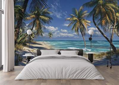 Tropical beach with palm trees, white sand, and blue water under a clear sky. Wall mural