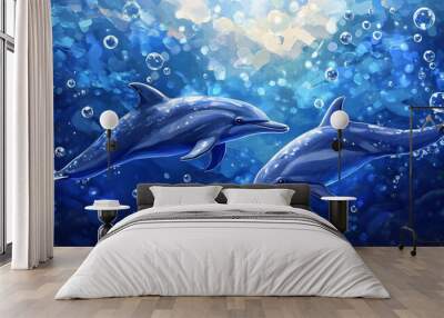 Two dolphins swimming in a blue ocean with bubbles. Wall mural