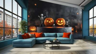 Two lit jack-o-lantern pumpkins with scary and happy faces, surrounded by smoke and skeletons, on a black platform with a dark background. Wall mural