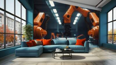 Two orange robotic arms working on an assembly line. Wall mural