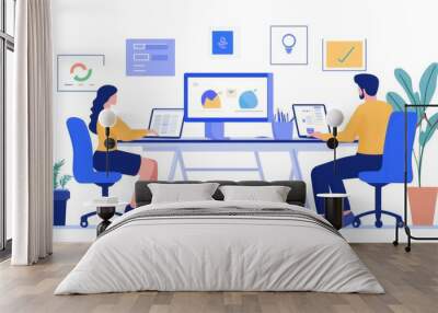 Two people working at a desk with laptops and a desktop computer. Wall mural