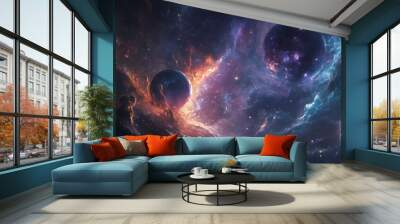 Two planets in a starry sky, one with a red glow and one with a blue glow. Wall mural