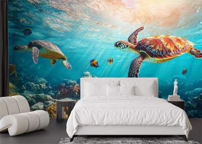 Two sea turtles swim through a vibrant coral reef, sunlight shining down from above. Wall mural