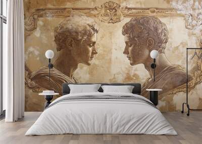 Two side profiles of young people framed in ornate moldings. Wall mural