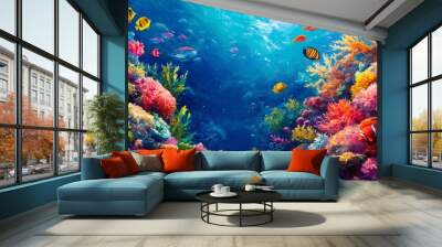 Vibrant underwater scene with colorful coral reef and tropical fish swimming. Wall mural