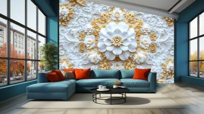 White and gold floral stucco design on a wall. Wall mural