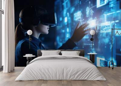 Woman wearing VR headset interacts with a digital interface. Wall mural