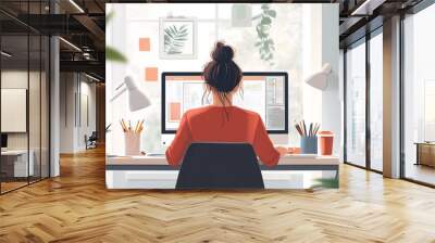 Woman working at her desk with a computer, surrounded by plants and art. Wall mural