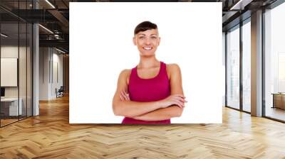 Young woman in fitness outfit isolated over white background smi Wall mural