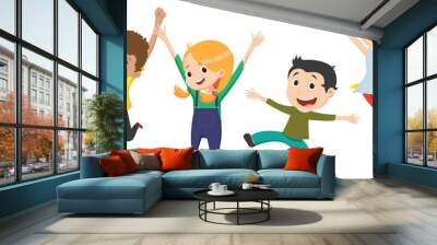  happy kids jumping together with arms up Wall mural