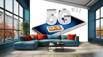 Silver 5G sign on smart phone screen with sim card next to it. Isolated on white background. High speed mobile web technology. 3D rendering Wall mural