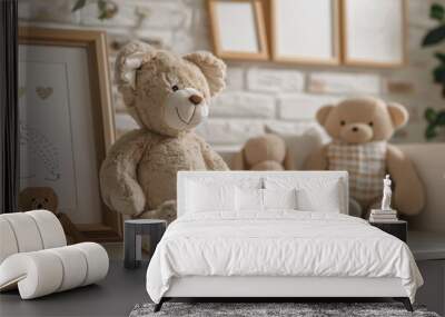 a collection of cuddly teddy bears and eco-friendly wooden toys displayed on a white shelf in a chil Wall mural