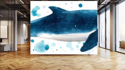 A stunning watercolor illustration of a whale swimming gracefully through a sea of soft blue splashes and textures. Wall mural