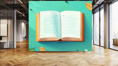 Open book with vibrant autumn leaves on a turquoise background, capturing the essence of fall and the beauty of nature in reading. Wall mural