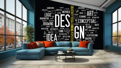 The white word “design” is separated and replaced the letter I with yellow creative words group. Flat minimal style words cloud with illustration about creativity. Design for presentation.  Wall mural