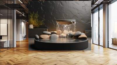 product presentation mockup with rocks and water empty podium on black background Wall mural