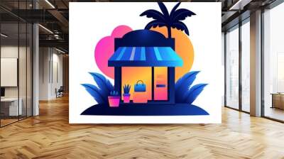 A colorful, modern storefront with palm trees and plants, set against a vibrant background, creating a welcoming and tropical atmosphere. Wall mural