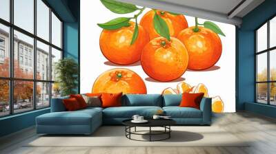 A drawing of five oranges with green leaves on top Wall mural