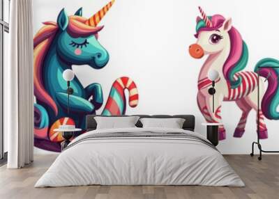 A vibrant collection of playful unicorn illustrations featuring colorful designs and whimsical candy themes. Wall mural