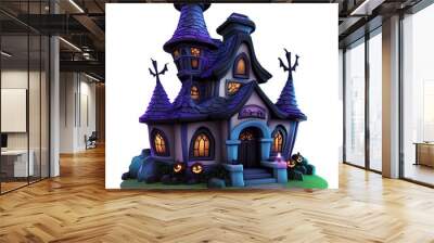 A whimsical, spooky cottage with a purple hue, illuminated windows, and Halloween decorations, exuding an enchanting charm. Wall mural