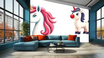 Four colorful unicorns with playful features, each adorned with a clown-like red nose, showcasing a whimsical and festive theme. Wall mural