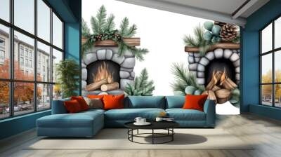 Four decorative fireplace designs featuring natural elements, isolated on a white background. Wall mural